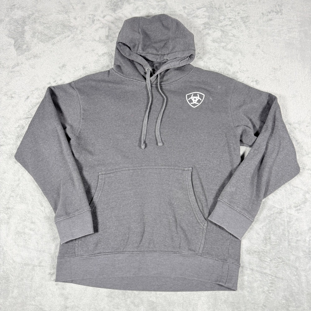 Ariat Mens Small Hoodie Gray Camo American Flag Graphic Pullover Logo Shield